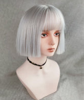White-Silver Blunt Cut Short Straight Bob Wig with Bangs